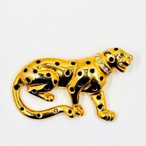 Leopard Brooch Gold Tone W/ Black Clear & Green Rhinestone Accents 2.75”X1.75”